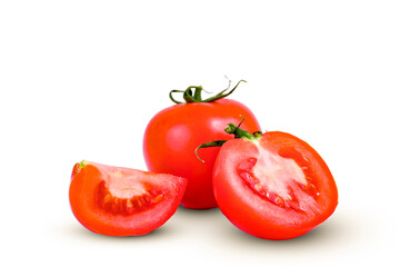 fresh red tomatoes whole, half, quarter on a white background
