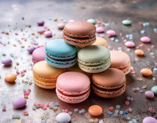 Obraz premium A colorful pyramid of French macarons in pastel shades of pink, purple, blue, and yellow is arranged on a dark surface surrounded by scattered candy confetti.