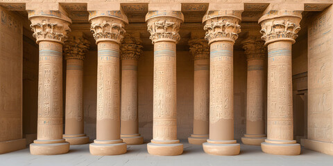 Fototapeta premium Ancient stone columns with intricate carvings stand tall, showcasing a rich history and architectural marvel. The detailed inscriptions tell a story of a bygone era.