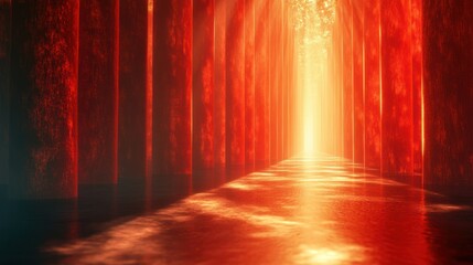 Fiery path leads to a radiant light at the end of a glowing red corridor