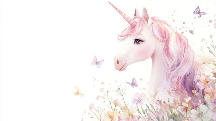 Fototapeta premium A unicorn with a pink mane and a white horn is surrounded by flowers