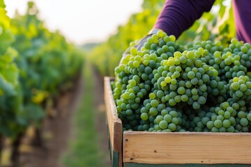 A worker carefully collects clusters of ripe green grapes in a wooden crate. Lush vineyards stretch out on either side, bathed in warm late afternoon light.