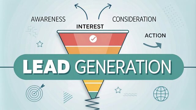 Lead Generation Funnel Concept Graphic Design - A colorful funnel depicting lead generation stages: awareness, interest, consideration, and action with engaging symbols.