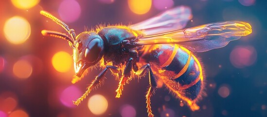 Closeup of a vibrant colorful insect   likely a bee or wasp   captured in flight against a blurred bokeh filled background  The insect s compound eyes striped body