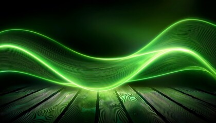 Naklejka premium Neon Wave abstract background, Isolated on a dark background, Green Neon wave with glow, Technology, network, internet concept, Empty Table