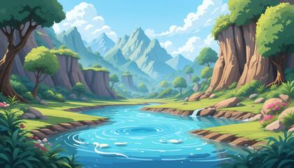 A cartoon landscape with mountains, water, lake, and trees illustration background for animation.
