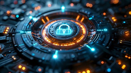 Futuristic cyber security concept with glowing padlock icon in center of digital circuit, perfect for technology protection and data privacy presentations.