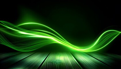 Naklejka premium Neon Wave abstract background, Isolated on a dark background, Green Neon wave with glow, Technology, network, internet concept, Empty Table