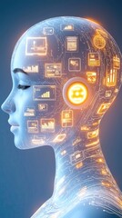 Chatbots and AI Assistants of Futuristic digital avatar symbolizing advanced technology, data analysis, and artificial intelligence concepts.