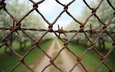 Fototapeta premium Close-up of a rusty chain-link fence with barbed wire against the background of white flowering trees along the path