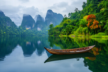 A boat is floating on a lake with mountains in the background