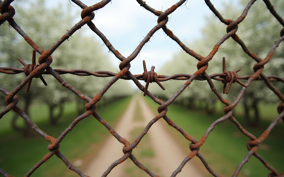 Close-up of a rusty chain-link fence with barbed wire against the background of white flowering trees along the path