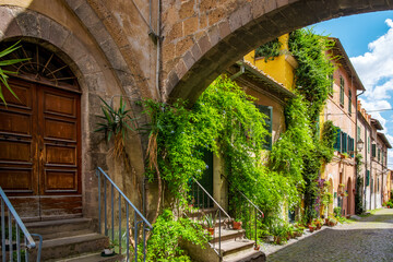 Lush greenery adorns the historic buildings along a narrow cobblestone street in Tuscania, Italy, creating a serene and inviting atmosphere under a stone archway