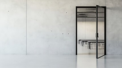 Modern Glass Door Opens to an Empty Conference Room Featuring Minimalist Decor and Sleek Furniture for Collaborative Meetings