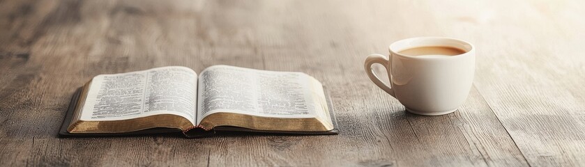 Obraz premium A cozy scene featuring an open book beside a steaming cup of coffee on a wooden table, inviting relaxation and contemplation.