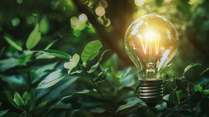 Soft Green Light Bulb Amidst Vibrant Foliage Promotes Energy Efficiency and Sustainability in a Natural Setting