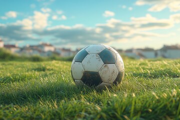 Beautiful Soccer Ball on Freshly Cut Grass Field Under the Sunlight with Shadows