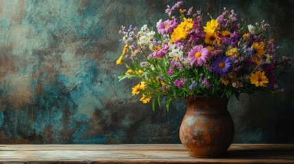 Rustic vase with vibrant wildflowers on wooden table.