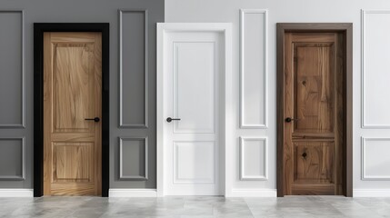 Obraz premium Interior house décor design with three wooden doors in brown, white, and black colors set against a grey light wall, Generative AI.