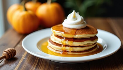 Golden Pancakes with Creamy Whipped Cream and Drizzled Syrup on a Wooden Plate amidst Fall Pumpkins