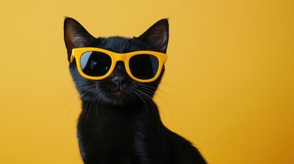 Elegant black cat wearing vibrant yellow sunglasses on a matching yellow background, embodying a chic and modern vibe. Perfect for fashion themes, pet accessories, or sunny summer campaigns
