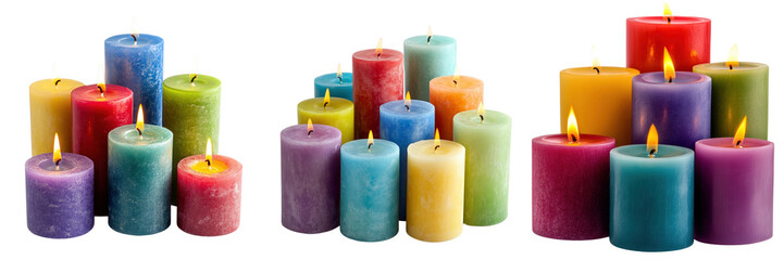 A Set of Stunning Multicolored Pillar Candles for Home Decor Isolated on Transparent Background