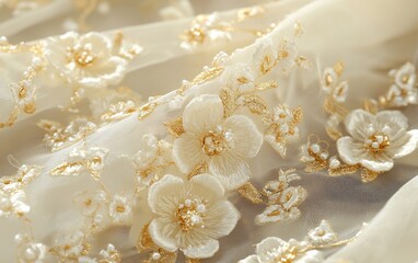 Close-up of elegant off-white fabric with gold floral embroidery and beads.