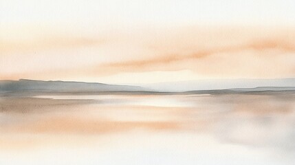 Serene sunset landscape watercolor painting, soft peach and grey tones, tranquil water, minimalist style.