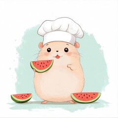 Cute hamster wearing a chef hat enjoys a slice of watermelon in a playful kitchen setting with watermelon pieces scattered nearby, creating a fun and vibrant atmosphere for small animal lovers
