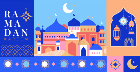 Ramadan kareem banner.Greeting Ramadan card for traditional muslim holiday with moon, mosque dome,desert landscape, lanterns,lamp,crescent.Islamic greeting poster. Template for design,media,web.Vector