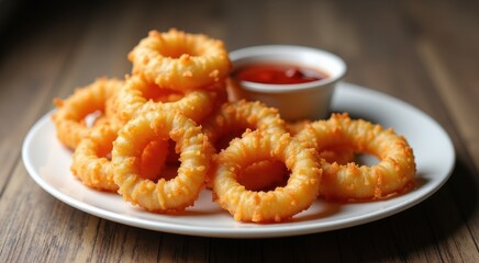 Plate of onion rings on a table with a small bowl of ketchup