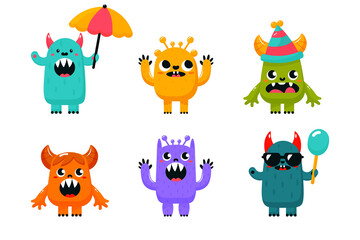 Fototapeta premium cute cartoon monsters set isolated on transparent background flat vector illustration