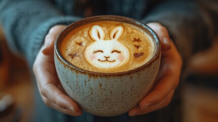 A single person enjoying a latte decorated with bunny art at the Easter festival cafe