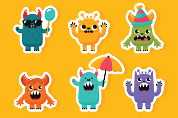 Cartoon monsters stickers set isolated flat vector illustration