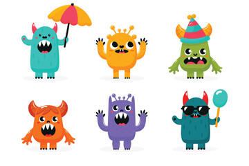 cute cartoon monsters set isolated on white background flat vector illustration