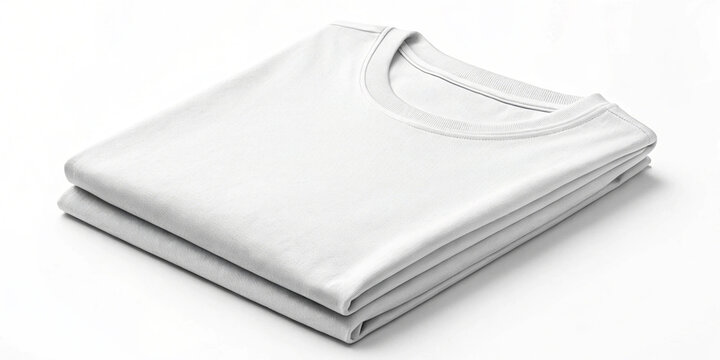 Playeras blancas dobladas y apiladas con fondo blanco