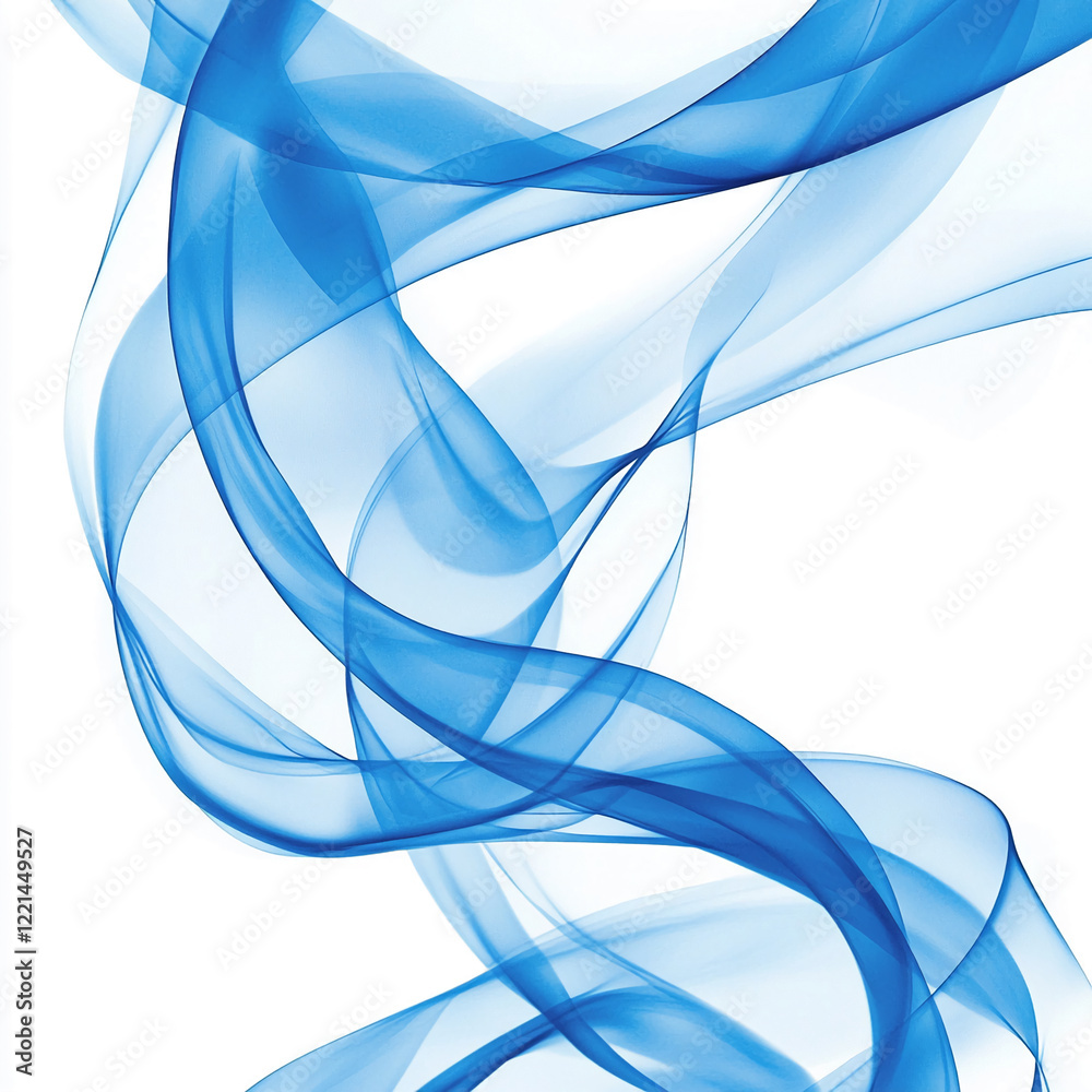 Poster Abstract blue flowing ribbons and waves with soft gradients on a white background