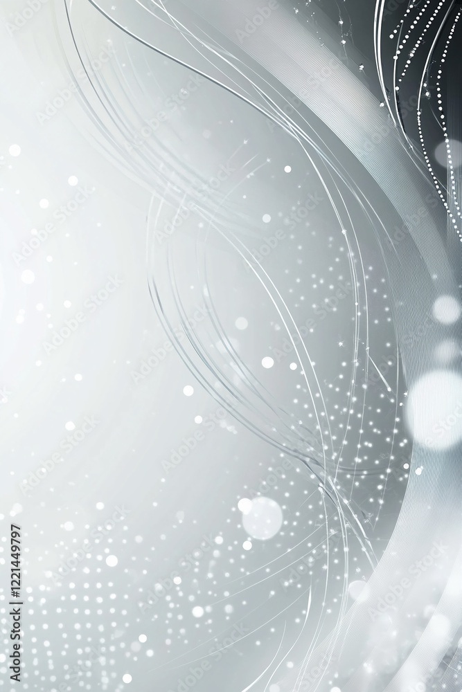 Poster Abstract silver and white design with lines, bokeh and glowing particles on a soft gradient background