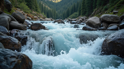 Obraz premium A river rushes over smooth stones, creating a frothy spray as it moves through a serene valley surrounded by tall evergreen trees under a warm light