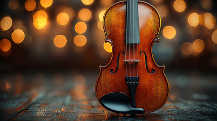 Close-up of a violin on a wooden surface with bokeh lights.