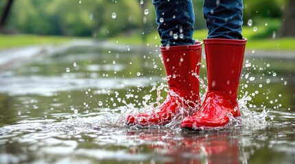 Vibrant Red Rain Boots Dynamically Splashing in Nature's Lush Green Puddle