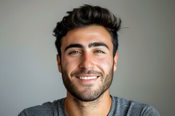 Obraz premium Confident young Middle Eastern man with stylish haircut and beard wearing grey t-shirt smiling genuinely at camera against neutral background, perfect for lifestyle and diversity campaigns.