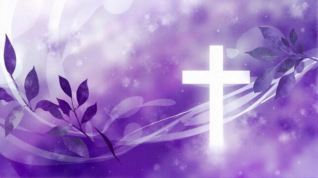 Spiritual illustration of white christian cross glowing on purple background with leaves and branches. Ash Wednesday, catholic lent