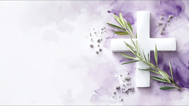 watercolor illustration of white christian cross on purple background with leaves and olive branches. Ash Wednesday, catholic lent