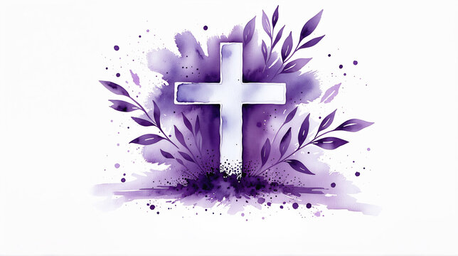 watercolor illustration of white christian cross on purple background with leaves and branches. Ash Wednesday, catholic lent