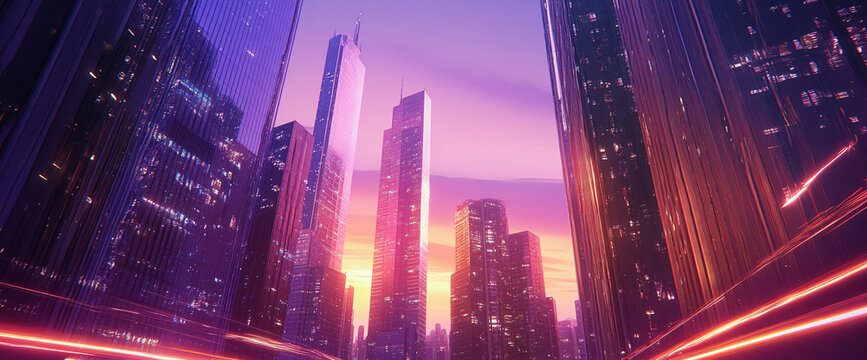 Futuristic cityscape with towering skyscrapers at sunset, glowing lights, and purple skies. Business background