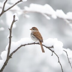 Fototapeta premium A small brown bird perched on the edge of a snow-covered branch, looking out at the winter landscape