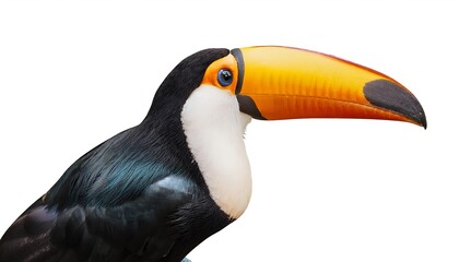 Naklejka premium A vibrant toucan with its signature colorful beak perched gracefully, isolated on a white background. The tropical bird's striking features make it ideal for nature, wildlife and exotic-themed designs