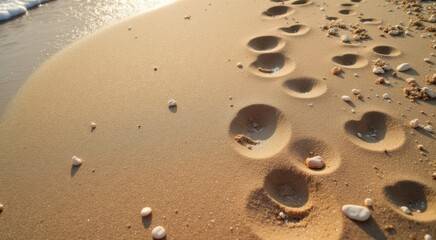 Footprints in the sand of a beach with shells and shells