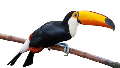 Naklejka premium A vibrant toucan with its signature colorful beak perched gracefully, isolated on a white background. The tropical bird's striking features make it ideal for nature, wildlife and exotic-themed designs
